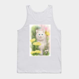 White Cat in the Flower Garden Soft Pastel Colors Tank Top